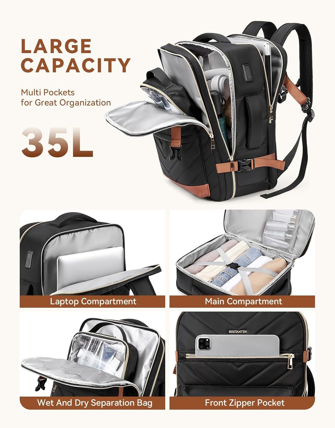 imageBOSTANTEN Travel Backpack For Women TSA Carry On Backpack for Airplanes Personal Item Backpack Fits 156 Inch Laptop with USBTypeC Charging Port Weekender Overnight Daypack with 2 Packing CubesBlackbrown3pcs