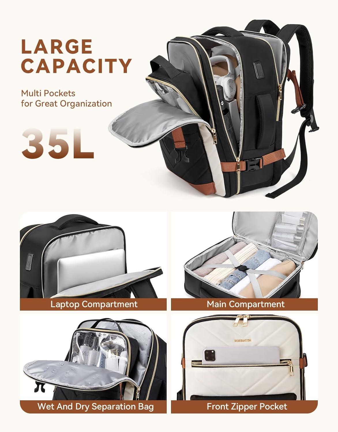 imageBOSTANTEN Travel Backpack For Women TSA Carry On Backpack for Airplanes Personal Item Backpack Fits 156 Inch Laptop with USBTypeC Charging Port Weekender Overnight Daypack with 2 Packing CubesBeigeblackbrown3pcs