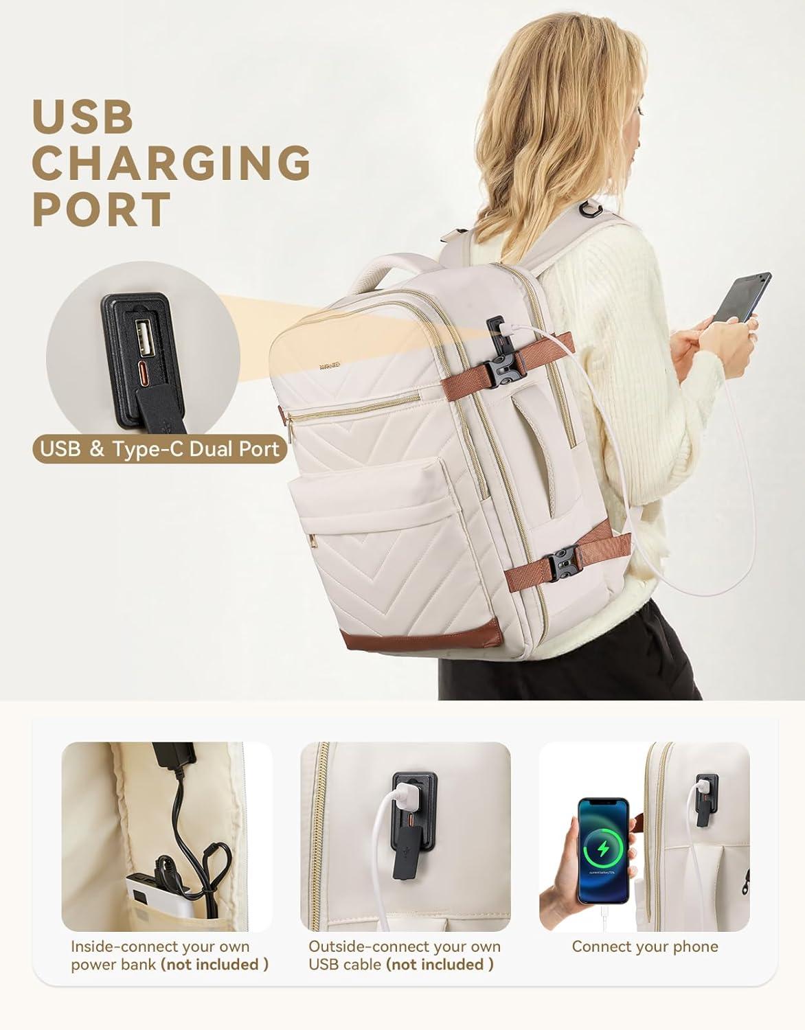 imageBOSTANTEN Travel Backpack For Women TSA Carry On Backpack for Airplanes Personal Item Backpack Fits 156 Inch Laptop with USBTypeC Charging Port Weekender Overnight Daypack with 2 Packing CubesBeigebrown3pcs