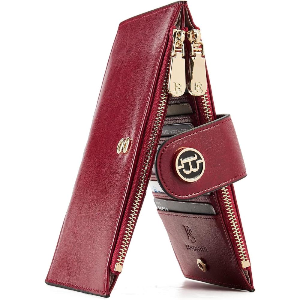 imageBOSTANTEN Leather Wallets for Women Large RFID Blocking Slim Bifold Purse Card Holder with Zipper Pocket5WineRed