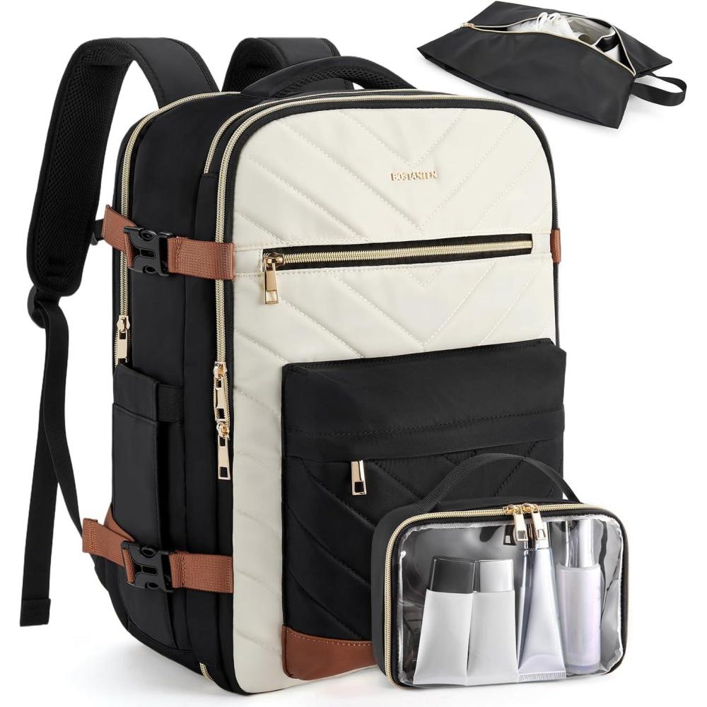 imageBOSTANTEN Travel Backpack For Women TSA Carry On Backpack for Airplanes Personal Item Backpack Fits 156 Inch Laptop with USBTypeC Charging Port Weekender Overnight Daypack with 2 Packing CubesBeigeblackbrown3pcs