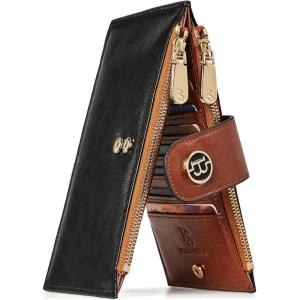 imageBOSTANTEN Leather Wallets for Women Large RFID Blocking Slim Bifold Purse Card Holder with Zipper Pocket4BlackBrown