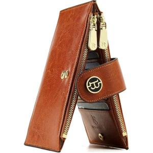 imageBOSTANTEN Leather Wallets for Women Large RFID Blocking Slim Bifold Purse Card Holder with Zipper Pocket5Brown