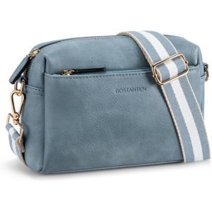 imageBOSTANTEN Small Crossbody Purse for Women Triple Zip Cell Phone Leather Handbag with Colored Shoulder StrapLight Blue