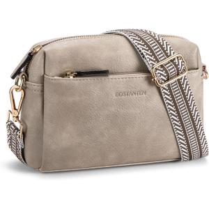 imageBOSTANTEN Small Crossbody Purse for Women Triple Zip Cell Phone Leather Handbag with Colored Shoulder StrapLight Grey