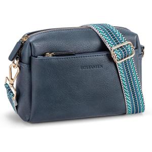 imageBOSTANTEN Small Crossbody Purse for Women Triple Zip Cell Phone Leather Handbag with Colored Shoulder StrapNavy Blue