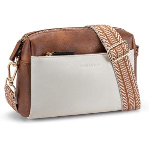 imageBOSTANTEN Small Crossbody Purse for Women Triple Zip Cell Phone Leather Handbag with Colored Shoulder StrapP01beige With Brown