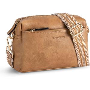imageBOSTANTEN Small Crossbody Purse for Women Triple Zip Cell Phone Leather Handbag with Colored Shoulder StrapP02camel Brown