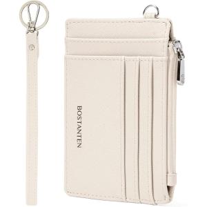 imageBOSTANTEN Small Wallet For Women RFID Leather Credit Card Holder Slim Wristlet Keychain Wallet With Zipper Pocket Light GreenBeige