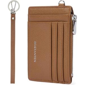imageBOSTANTEN Small Wallet For Women RFID Leather Credit Card Holder Slim Wristlet Keychain Wallet With Zipper Pocket Light GreenBrown