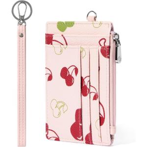 imageBOSTANTEN Small Wallet For Women RFID Leather Credit Card Holder Slim Wristlet Keychain Wallet With Zipper Pocket Light GreenPink Cherry