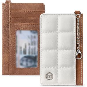 imageBOSTANTEN Small Wallet For Women RFID Leather Credit Card Holder Slim Wristlet Keychain Wallet With Zipper Pocket Light GreenXBeige and Brown