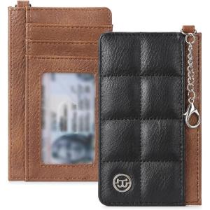 imageBOSTANTEN Small Wallet For Women RFID Leather Credit Card Holder Slim Wristlet Keychain Wallet With Zipper Pocket Light GreenXBlack and Brown