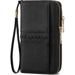 imageBOSTANTEN Wallets for Women Leather RFID Double Zipper Around Credit Card Holder Large Capacity Wristlet Clutch WalletBlack
