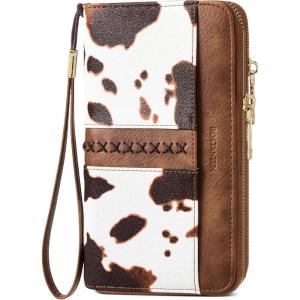 imageBOSTANTEN Wallets for Women Leather RFID Double Zipper Around Credit Card Holder Large Capacity Wristlet Clutch WalletBrown Cow Print
