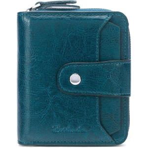 imageBOSTANTEN Leather Wallets for Women RFID Blocking Zipper Pocket Small Bifold Wallet Card Case3peacock Blueoil Wax
