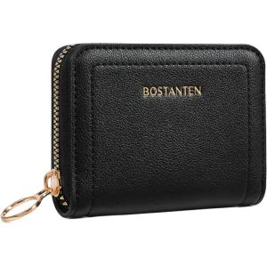 imageBOSTANTEN Credit Card Holder RFID Leather Small Wallets Woman Accordion Zipper Card Wallet BeigeBlack