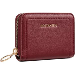 imageBOSTANTEN Credit Card Holder RFID Leather Small Wallets Woman Accordion Zipper Card Wallet BeigeWine Red