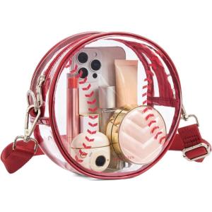 imageBOSTANTEN Baseball Crossbody Bags for Women Small Round Purse with Card Slots Cute Vegan Leather Shoulder Bag for Game DayRed