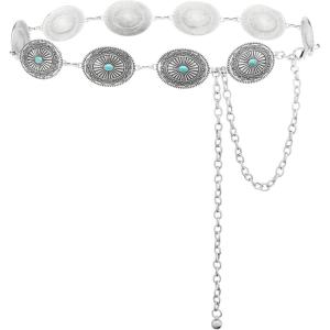 imageBOSTANTEN Western Metal Waist Chain Belt for Women Cowgirl Boho Turquoise Belts for Dress Jeans Country Concert Outfit001disc Vintage Silver