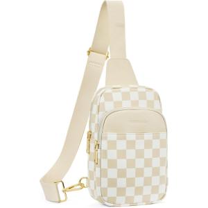 imageBOSTANTEN Sling Bag Quilted Crossbody Bags for Women Cross Body Purse Leather Fanny Pack with Adjustable Guitar StrapAcheckered Beige