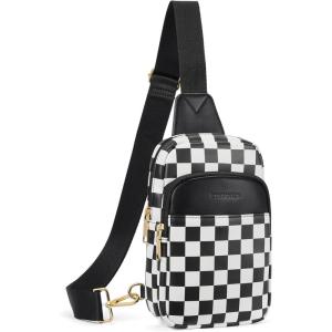 imageBOSTANTEN Sling Bag Quilted Crossbody Bags for Women Cross Body Purse Leather Fanny Pack with Adjustable Guitar StrapAcheckered Black