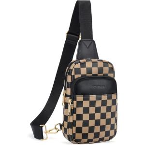 imageBOSTANTEN Sling Bag Quilted Crossbody Bags for Women Cross Body Purse Leather Fanny Pack with Adjustable Guitar StrapAcheckered Coffee