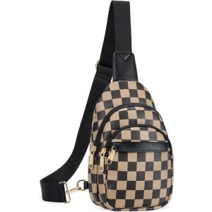 imageBOSTANTEN Small Sling Bag for Women Leather Crossbody Bags Fanny Pack Chest Bag for TravelAcheckered Coffee