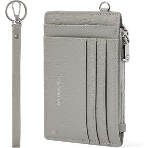imageBOSTANTEN Small Wallet For Women RFID Leather Credit Card Holder Slim Wristlet Keychain Wallet With Zipper Pocket Mint Green CheckeredGrey