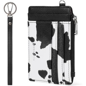 imageBOSTANTEN Small Wallet For Women RFID Leather Credit Card Holder Slim Wristlet Keychain Wallet With Zipper Pocket Mint Green CheckeredRWhite Cow Print