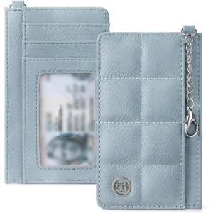 imageBOSTANTEN Small Wallet For Women RFID Leather Credit Card Holder Slim Wristlet Keychain Wallet With Zipper Pocket Mint Green CheckeredXBlue