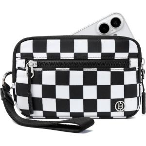 imageBOSTANTEN Wristlet Wallets for Women RFID Checkered Wallet with ID Window Nylon Wristlet Purse with 3 Zippers Rose RedBlack