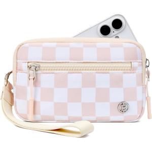 imageBOSTANTEN Wristlet Wallets for Women RFID Checkered Wallet with ID Window Nylon Wristlet Purse with 3 Zippers Rose RedDusty Pink