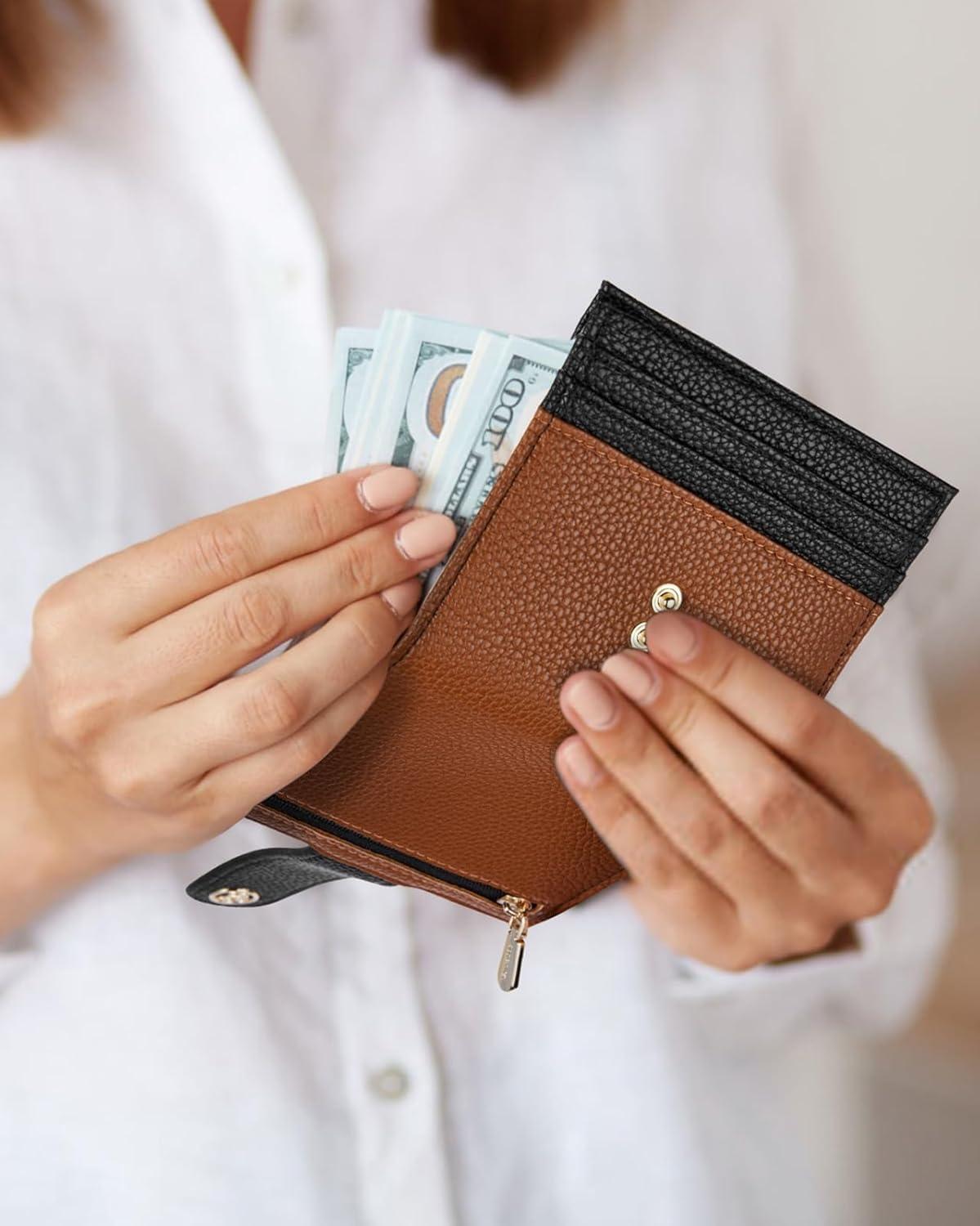 imageBOSTANTEN Slim Wallet for Women Small RFID Blocking Credit Card Holder Leather Bifold Wallets with Zipper Coin Pocket Black and White CheckeredBlackBrown