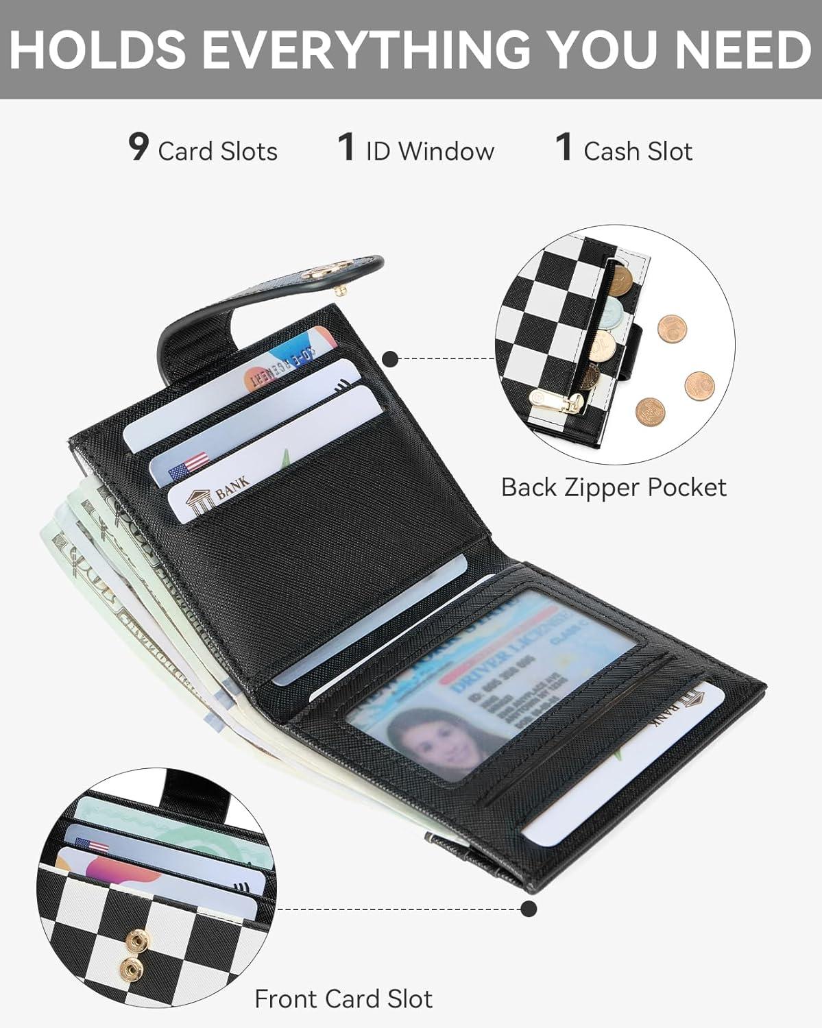 imageBOSTANTEN Slim Wallet for Women Small RFID Blocking Credit Card Holder Leather Bifold Wallets with Zipper Coin Pocket Black and White CheckeredCheckeredBlack and White