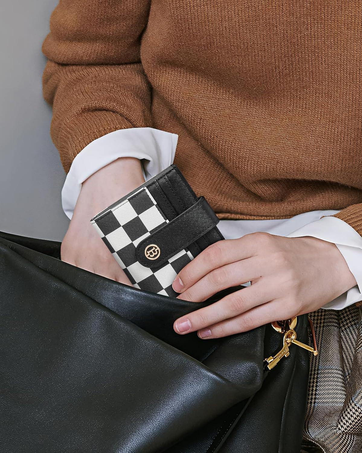 imageBOSTANTEN Slim Wallet for Women Small RFID Blocking Credit Card Holder Leather Bifold Wallets with Zipper Coin Pocket Black and White CheckeredCheckeredBlack and White