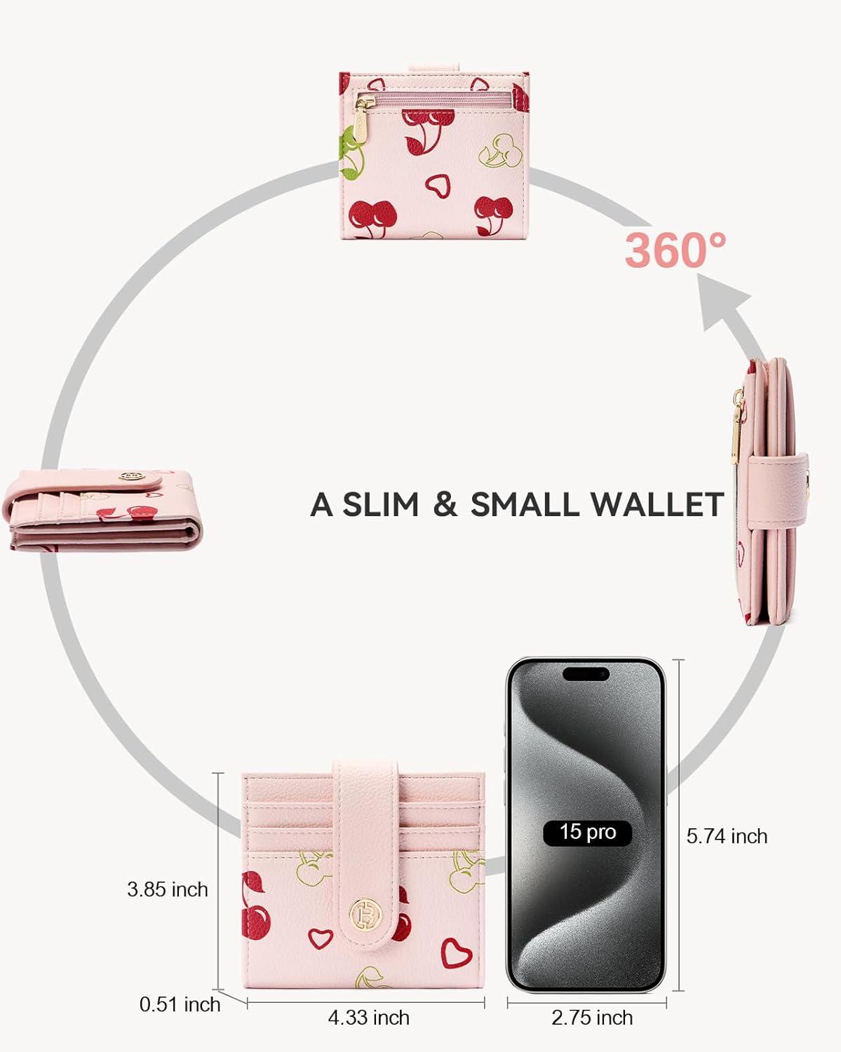 imageBOSTANTEN Slim Wallet for Women Small RFID Blocking Credit Card Holder Leather Bifold Wallets with Zipper Coin Pocket Black and White CheckeredCherry Print