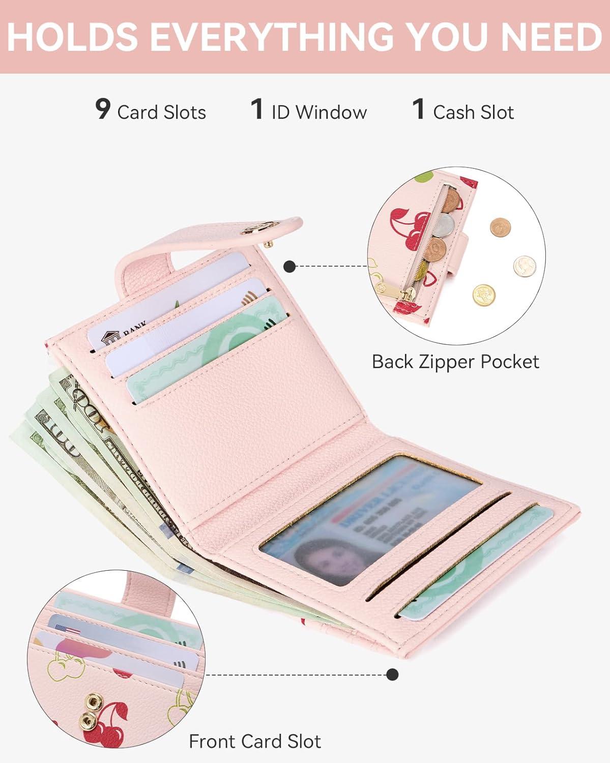 imageBOSTANTEN Slim Wallet for Women Small RFID Blocking Credit Card Holder Leather Bifold Wallets with Zipper Coin Pocket Black and White CheckeredCherry Print