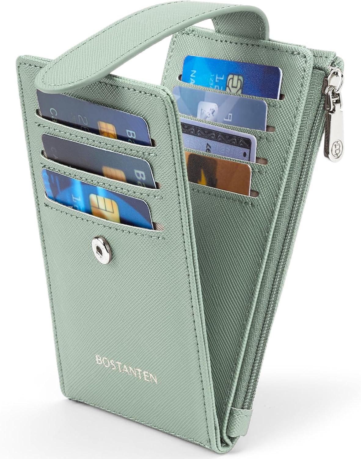 imageBOSTANTEN Slim Wallet for Women Small RFID Blocking Credit Card Holder Leather Bifold Wallets with Zipper Coin Pocket Black and White CheckeredSGreen