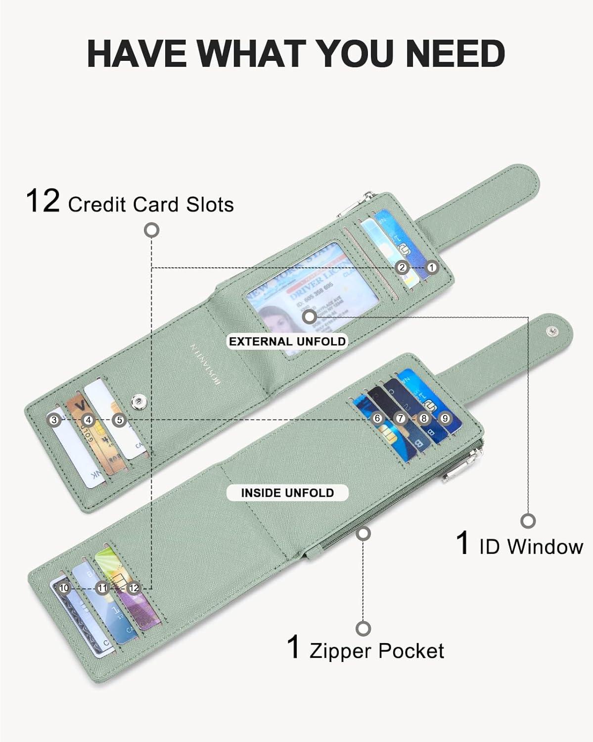 imageBOSTANTEN Slim Wallet for Women Small RFID Blocking Credit Card Holder Leather Bifold Wallets with Zipper Coin Pocket Black and White CheckeredSGreen