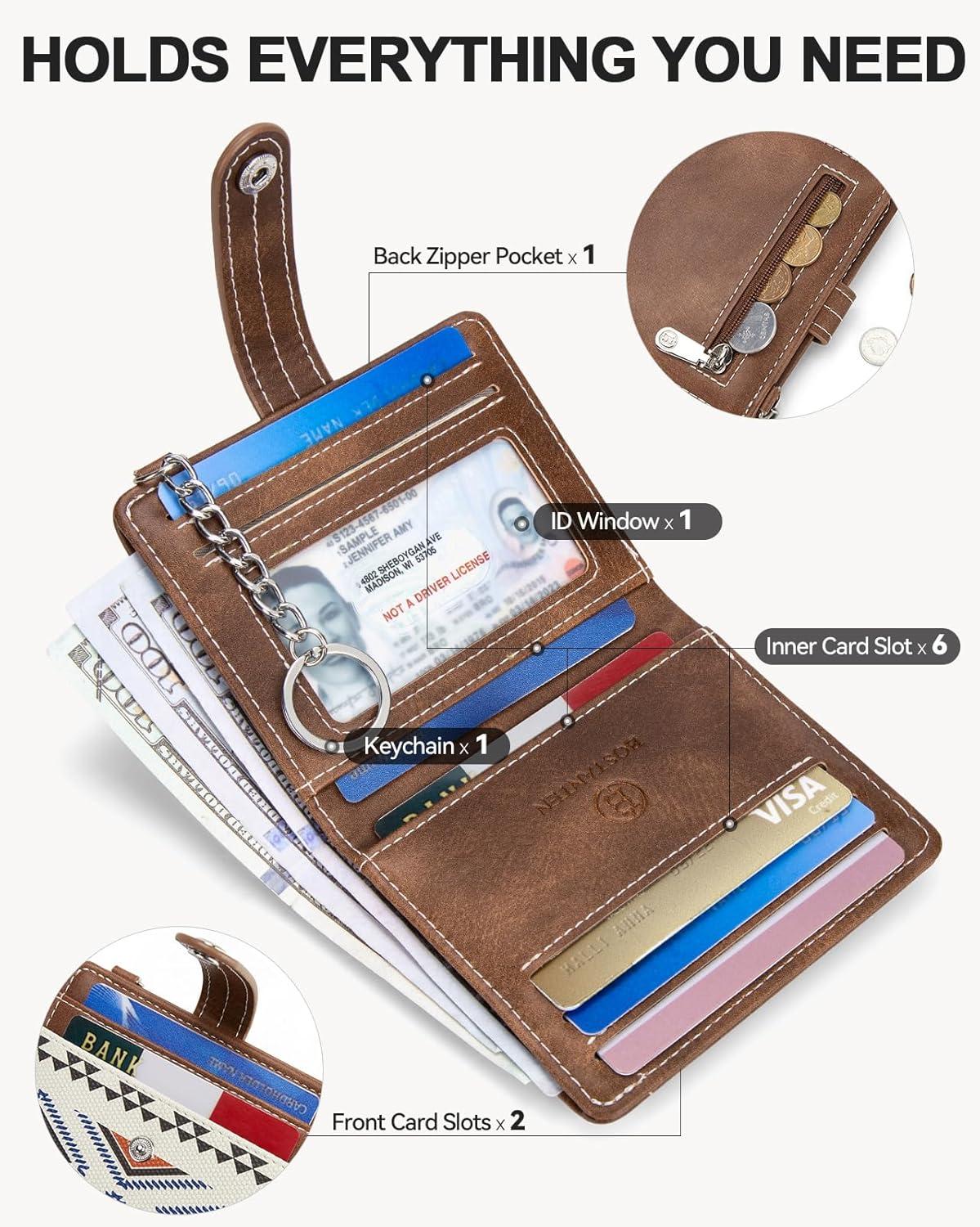 imageBOSTANTEN Slim Wallet for Women Small RFID Blocking Credit Card Holder Leather Bifold Wallets with Zipper Coin Pocket Black and White CheckeredVintageBlue