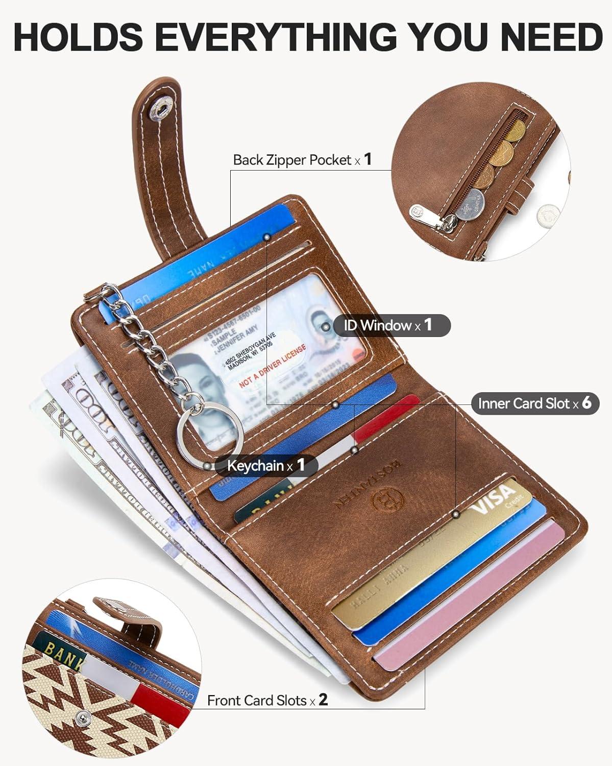 imageBOSTANTEN Slim Wallet for Women Small RFID Blocking Credit Card Holder Leather Bifold Wallets with Zipper Coin Pocket Black and White CheckeredVintageBrown