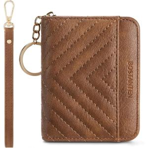 imageBOSTANTEN Credit Card Holder Wallet RFID Blocking Leather Small Wallet for Women Zipper Keychain Wallet with Wristlet Cherry PrintBrown