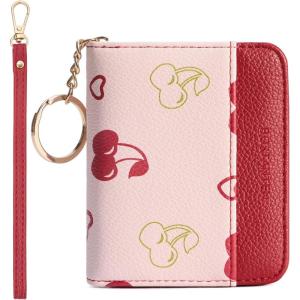 imageBOSTANTEN Credit Card Holder Wallet RFID Blocking Leather Small Wallet for Women Zipper Keychain Wallet with Wristlet Cherry PrintCherry Print