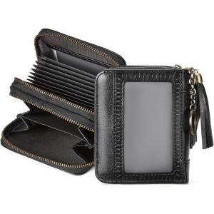 imageBOSTANTEN Credit Card Holder Wallet RFID Blocking Leather Small Wallet for Women Zipper Keychain Wallet with Wristlet Cherry PrintTasselBlack