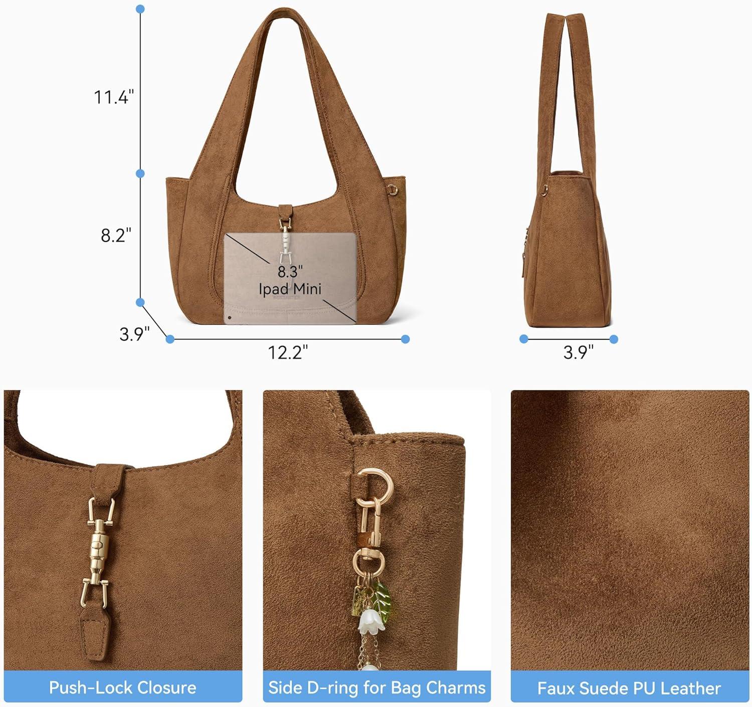 image:imageBOSTANTEN Vintage Shoulder Bag for Women Suede Leather Tote Bag Ladies Lightweight Dumpling Handbag for Work Date TravelSuede Brown