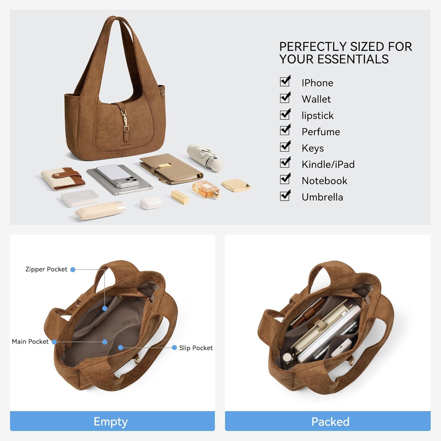 image:imageBOSTANTEN Vintage Shoulder Bag for Women Suede Leather Tote Bag Ladies Lightweight Dumpling Handbag for Work Date TravelSuede Brown