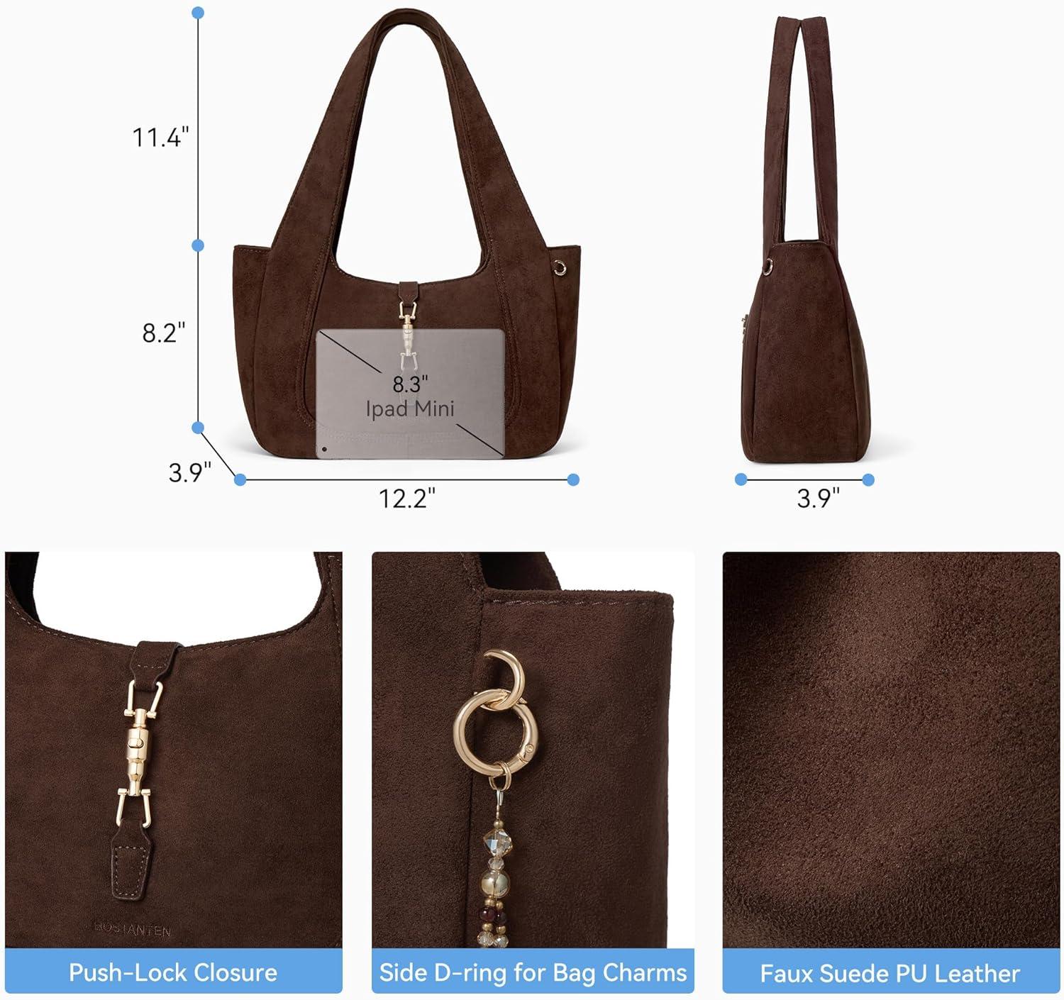 image:imageBOSTANTEN Vintage Shoulder Bag for Women Suede Leather Tote Bag Ladies Lightweight Dumpling Handbag for Work Date TravelSuede Coffee