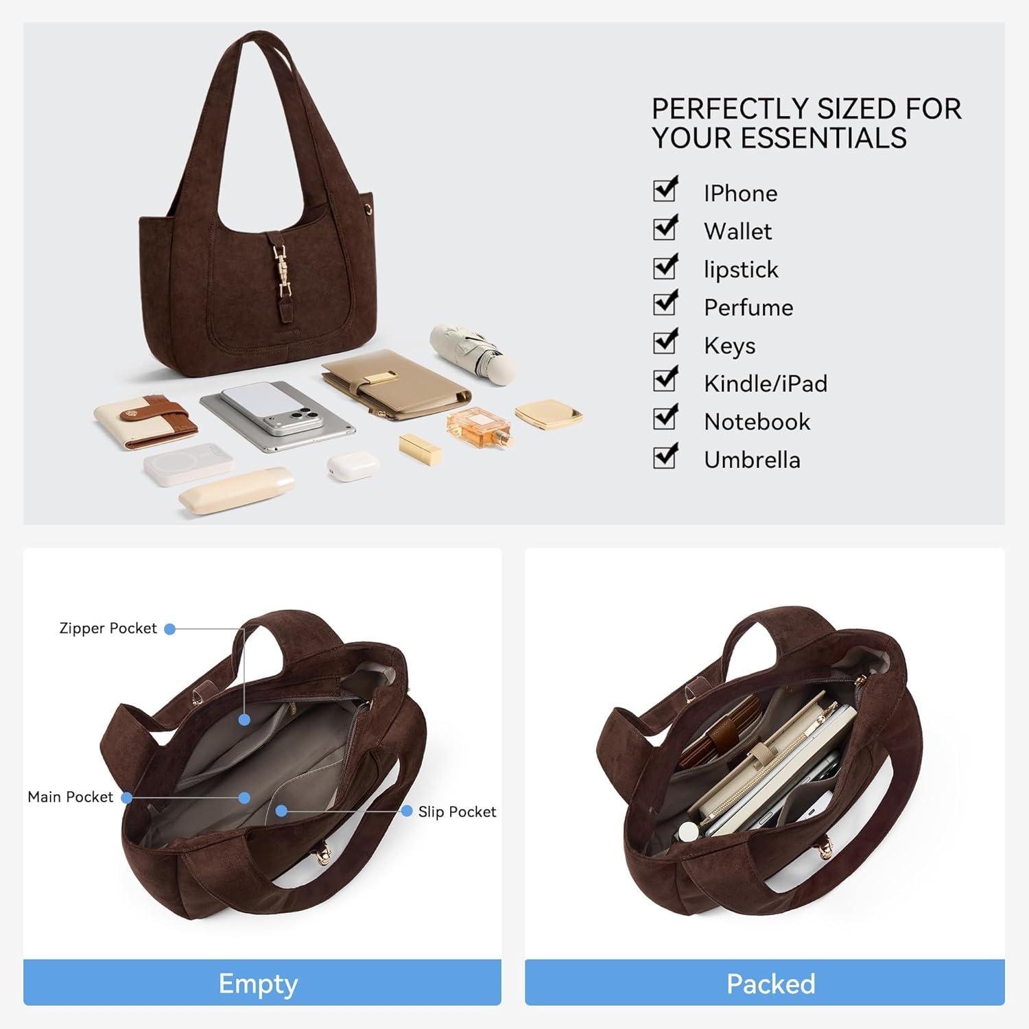 image:imageBOSTANTEN Vintage Shoulder Bag for Women Suede Leather Tote Bag Ladies Lightweight Dumpling Handbag for Work Date TravelSuede Coffee
