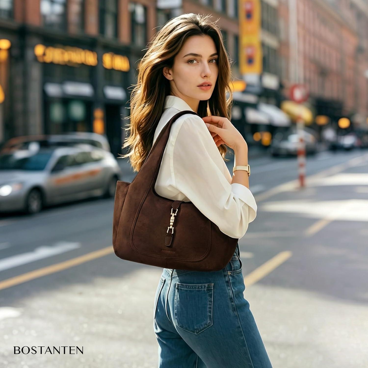 image:imageBOSTANTEN Vintage Shoulder Bag for Women Suede Leather Tote Bag Ladies Lightweight Dumpling Handbag for Work Date TravelSuede Coffee